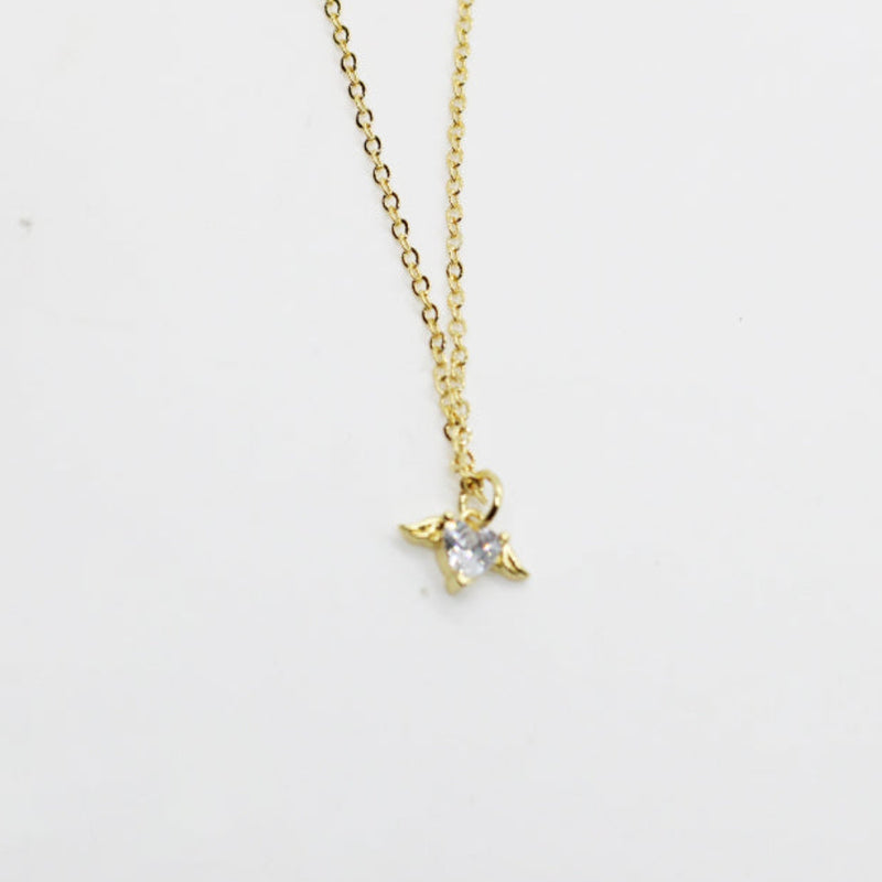 Heart Crystal with Angel Wings Gold Necklace