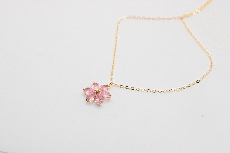 Pink Crystal Flower Gold Necklace